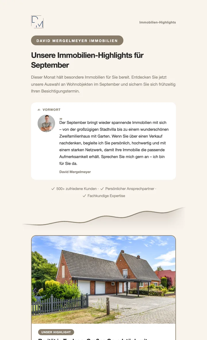 Die Ausgabe: Überschrift „Unsere Immobilien-Highlights“, Vorwort von David Mergelmeyer, darunter drei Objekte.